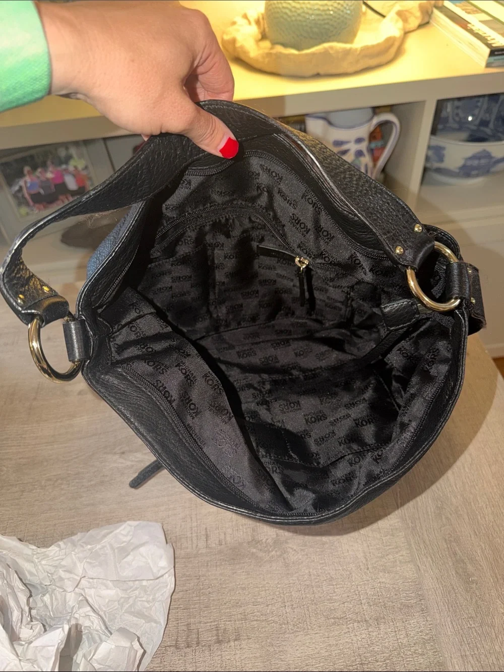 Michael Kors Black Pebbled Leather Shoulder Bag with Gold Hardware